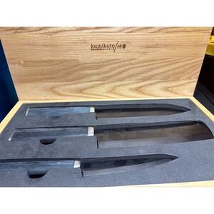 Kamikoto Kuro Series Japanese Chef Knife Set 3 Piece Damascus Steel Wood Box